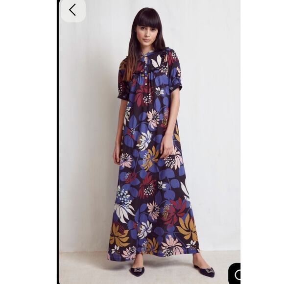 Warm Night Botanical Floral Cotton Puff Sleeve Button Front Midi Dress Size: 1 - Picture 1 of 5